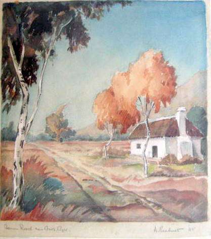FARM ROAD NEAR CERES, CAPE : WATER COLOUR : SIGNED - A BECKITT '45 : FRAMED SIZE - 36.5 X 40.5 cm