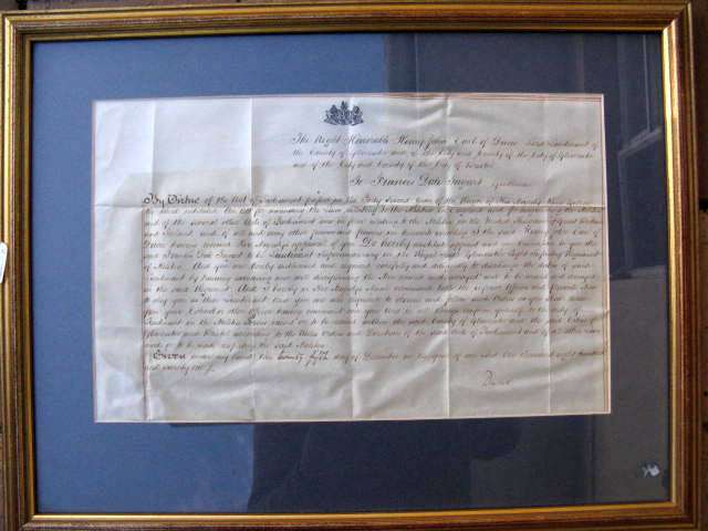 FRAMED DOCUMENT SIGNED BY EARL OF DUCIE APPOINTMENT OF LIEUTENTANT 25TH DAY OF DECEMBER 1871