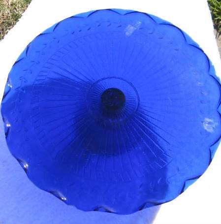 BLUE  GLASS CAKE PLATE - ON STAND - 7cm HIGH : DIAMETER 29.5cm :