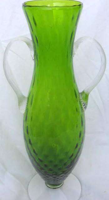GREEN GLASS  VASE : TWO HANDLES : BASE AND HANDLES CLEAR GLASS :  HEIGHT 33CM : TOP DIAMETER 7.5cm