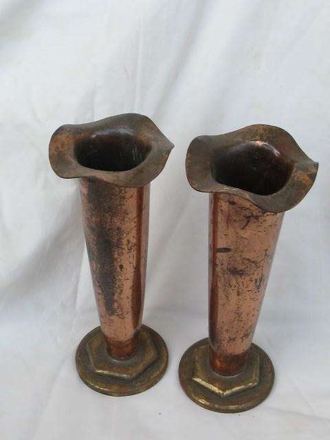 PAIR OF COPPER VASES ON BRASS BASE