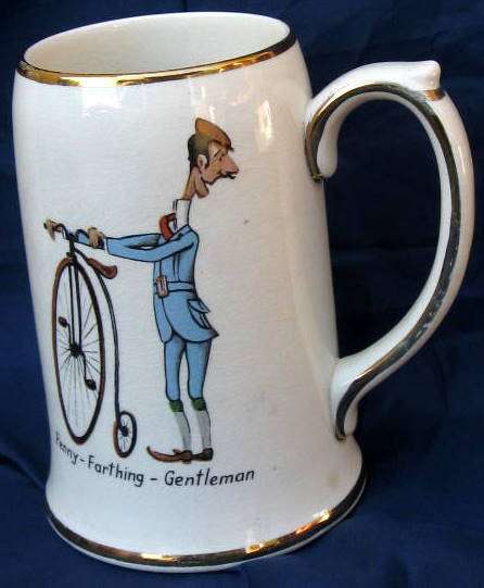 SADLER ; STAFFORDSHIRE  ENGLAND :  PENNY-FARTHING-GENTLEMAN : **NOTE GLAZE CRAZING**