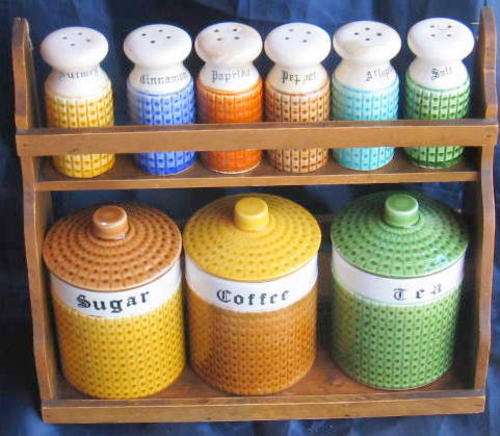 WOODEN RACK WITH 3 JARS & 6 SPICE SHAKERS : MADE IN JAPAN : SEE PICTURES FOR DETAILS