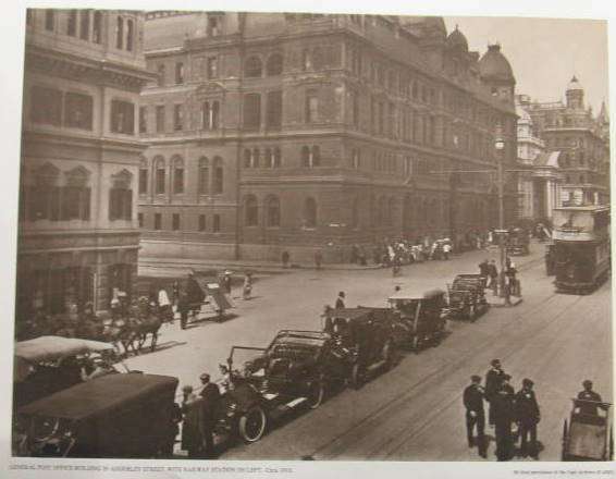 GENERAL POST OFFICE BUILDING IN ADDERLEY STREET, WITH RAILWAY STATION ON LEFT. Circa 1910 : 41x33cm