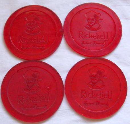 4 PLASTIC COASTERS : RICHELIEU BRANDY : 10cm DIAMETER