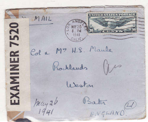 OPENED BY EXAMINER 7520 : ENVELOPE POSTED FROM BATH, UK MAY 26 1941 TO LOS ANGELES U.S.A.censor mail