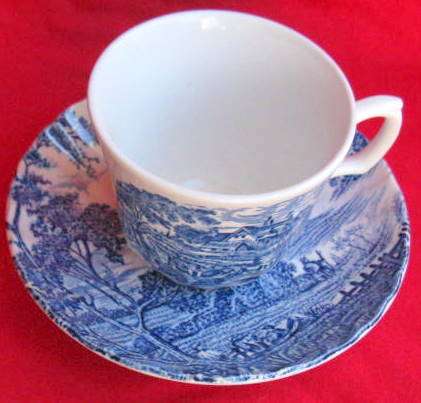 RIDGWAY : 'IRONSTONE': STAFFORDSHIRE : ENGLAND : MEADOWSWEET : CUP & SAUCER : BLUE & WHITE