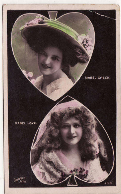 TINTED PHOTO POSTCARD : DAVIDSON BROS : MABEL GREEN & MABEL LOVE : POSTALLY USED - DATED NOV 7 08