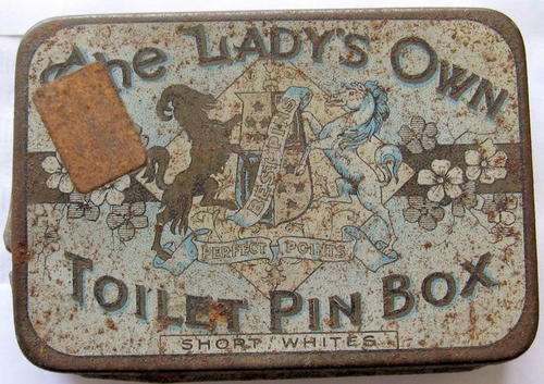 THE LADY'S OWN TOILET PIN BOX (SHORT WHITES) : TUBBS LEWIS & CO, ENGLAN : STILL SOME PINS IN THE TIN