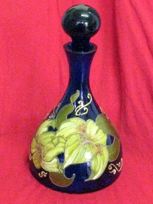 DECORATED BLUE GLASS JAR WITH STOPPER