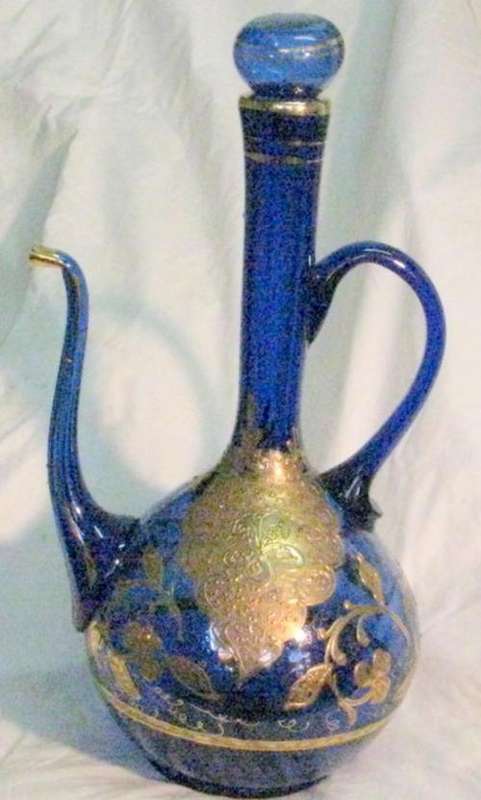 VINTAGE BLUE GLASS ORNAMENT WITH GOLD TRIM : FLAKON V-259816W145