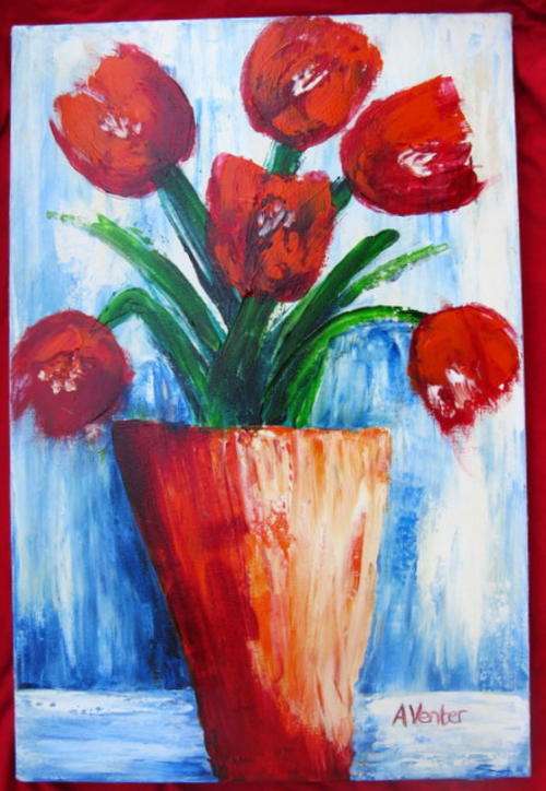 UNFRAMED OIL ON CANVAS TULIPS IN VASE BY A VENTER