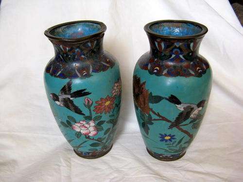 PAIR OF CLOISONNE VASES : EACH 18.5cm HIGH : **BOTH DAMAGED** SEE PICTURES FOR DETAILS
