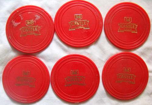 CASTLE LAGER : SET OF 6 PLASTIC  COASTERS (RED)