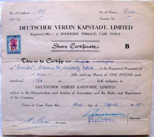 SHARE CERTIFICATE : ONE SHARE : DEUTSCHER VEREIN KAPSTADT, LIMITED : 1958