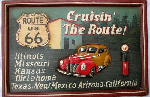 WOODEN POSTER : ROUTE US 66 : MOULDED CAR AND GAS PUMP : 60 X 40cm
