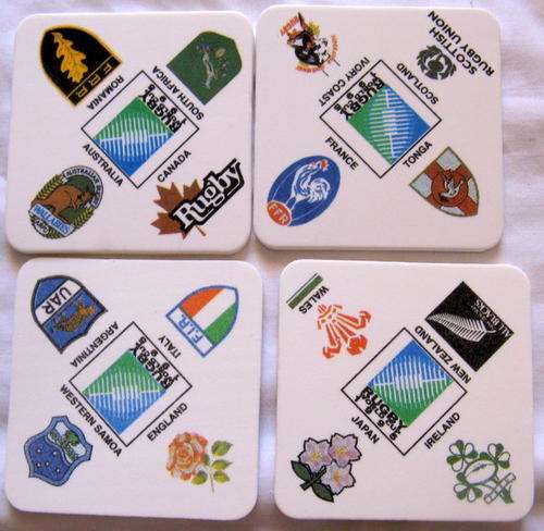 SET OF 4 COASTERS : 8.8cm SQUARE : FOAM : 1995 : RUGBY WORLD CUP :