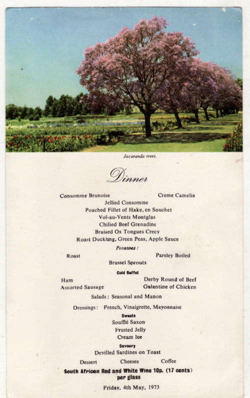 UNION-CASTLE SAFMARINE  DINNER MENU  FRIDAY 4TH MAY 1973   WHITE SPOTS