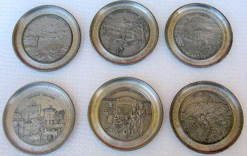 SET OF 6 COASTERS : ROAYL SELANGOR PEWTER : PICTURES OF MALAYSIA : EACH 8cm DIAMETER