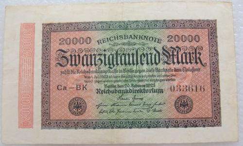 REICHSBANKNOTE : 20000 MARK  : Ca-BK O33616   :  BERLIN  DEN 20 SEBRUAR  1923
