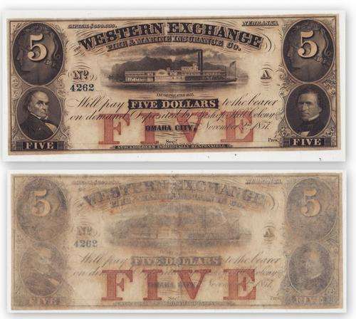 Western Exchange : Nebraska, Oklahoma City : FIVE DOLLARS - OBSOLETE NOTE : NO.4262 NOV 1857