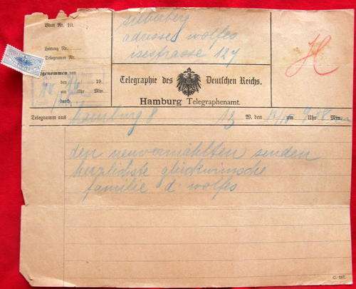 Deutsches Reiches, Hamburg - Telegraph with Kaiserlich Deutsche Telegraphie stamp attached.
