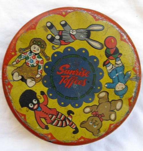 SUNRISE TOFFEES : ROUND TIN : 18cm DIAMETER - 5cm DEEP : **NOTE CONDITION**