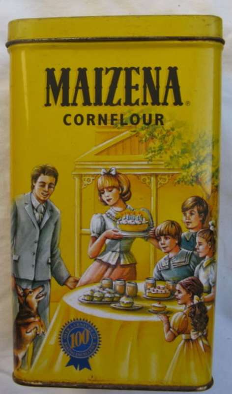 MAIZENA TIN : 9.3x6.5x16.5 cm : THEN & NOW - 100 YEARS : * CLEAN INSIDE*