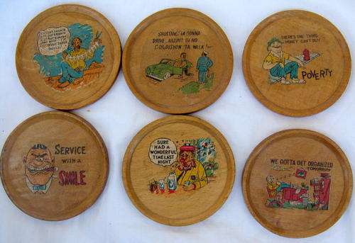 SET OF SIX WOODEN COASTERS : 8cm DIAMETER : HUMEROUS - SOME WEAR - SEE PICTURES