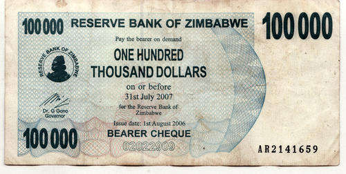 RESERVE BANK OF ZIMBABWE  ONE HUNDRED THOUSAND DOLLARS  USED  AS PER SCAN