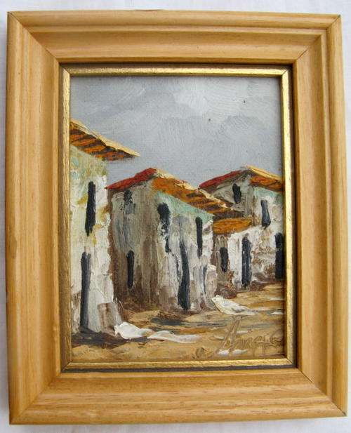 HOUSES : ANGIE : OIL ON BOARD : FRAMED SIZE 12.3x15cm : STAMPED NO. 3 ON BACK