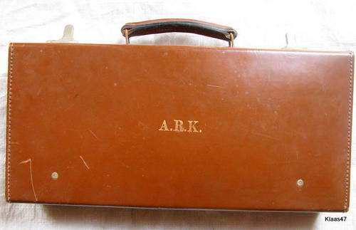 SUIT CASE WITH KEYS : STAMPED INITIALS A.R.K. : 44x21x6.5cm : TYPE USED TO HOLD MASONIC APPAREL