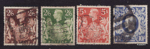 KINGS  GEORGE VI : 4 USED STAMPS : 2/6 (BROWN) 2/6 (GREEN) 5/-, 10/- : PREVIOUSLY HINGED (SEE PICS)
