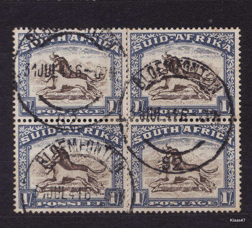 UNION OF SOUTH AFRICA : 2 VERTICLE PAIRS OF TWO -  USED STAMPS : 1/- : PREVIOUSLY HINGED