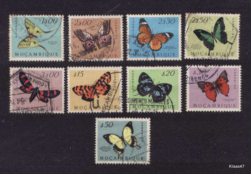 MOZAMBIQUE : BUTTERFLIES : 9 USED STAMPS : PREVIOUSLY HINGED
