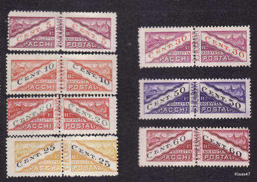 BOLLETTA RICEVUTA PACCHI POSTAL : PAIRS : 5,10, 20, 25, 30, 50 and 60 CENT. : PREVIOUSLY HINGED