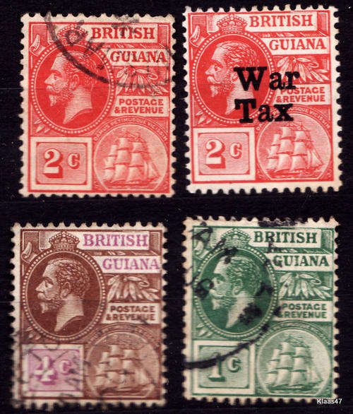 KING GEORGE V : BRITISH GUIANA : 3 USED STAMPS +  ONE OVERPRINT  FOR WAR TAX