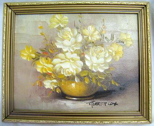 ROBERT COX : OIL : IVORY ROSES IN BROWN BOWL : FRAMED SIZE - 29x23.3cm