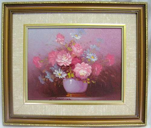 ROBERT COX : OIL : PINK ROSES & BLUE DAISIES : FRAMED SIZE - 37.5x31.7cm