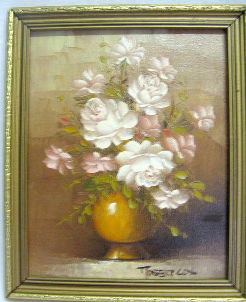 ROBERT COX : OIL : WHITE & PINK ROSES IN TAN BOWL : FRAMED SIZE - 23.7x28.5cm