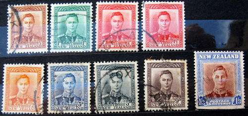NEW ZEALAND : COLONIAL  GEORGE VI : 9 USED POSTAGE STAMPS : PREVIOUSLY HINGED