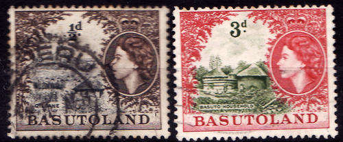 BASUTOLAND : COLONIAL - QUEEN ELIZABETH II : 2 USED POSTAGE STAMPS - PREVIOUSLY HINGED
