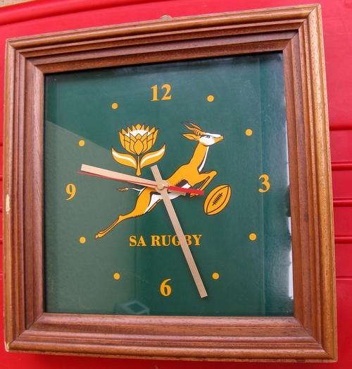 SPRINGBOK RUGBY CLOCK IN A WOODEN FRAME : **BATTERY OPERATED - MOVEMENT IS NEW** : SIZE 32.4cm SQ