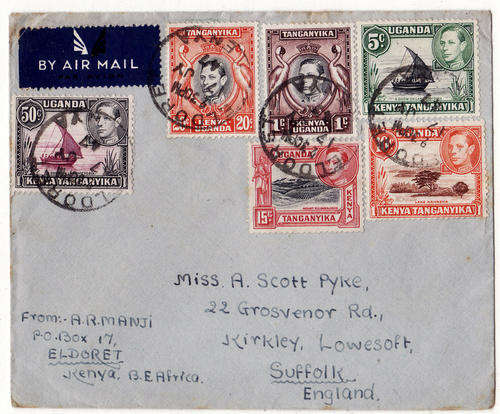 UGANDA TANGANYIKA KENYA :  6 STAMPS ON ENVELOPE :  DATE STAMP ELDORET KENYA 17 JY 47