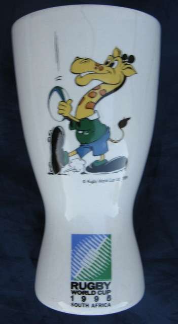 RUGBY WORLD CUP 1995 SOUTH AFRICA : 17cm HIGH - 9cm TOP DIAM : **PLEASE NOTE THE CRACKS**