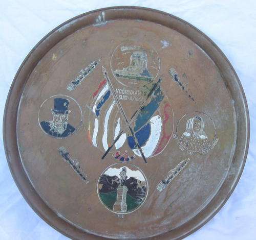 BRASS TRAY : 43cm DIAMETER : VOORWAARTS SUID-AFRIKA  : *NOTE ENAMEL WORN OFF ESPECIALLY ON THE FLAG*