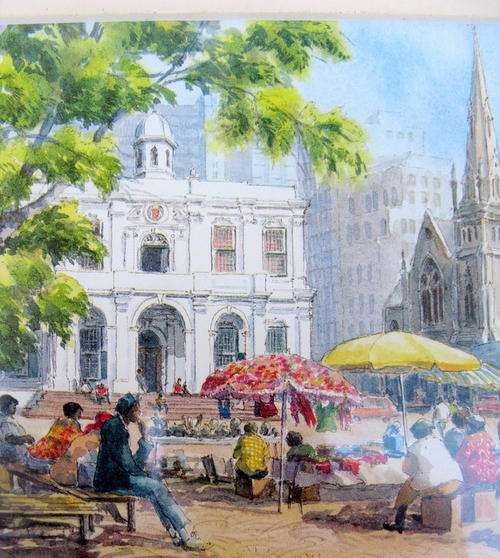 GREENMARKET SQUARE, CAPE TOWN  BY VALERIE PLETTS : PRINT : 15.7x11.1cm **NOT FRAMED**