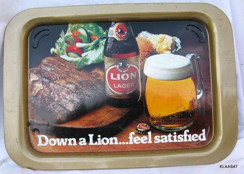 LION LAGER : METAL TRAY : 44.5x30.8cm : Down a Lion...feel satisfied