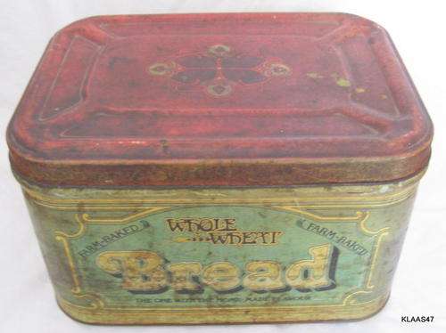BREAD TIN : WHOLE WHEAT FARM-BAKED BREAD : 34x25x21cm : **VERY WORN**INSIDE RUSTED**