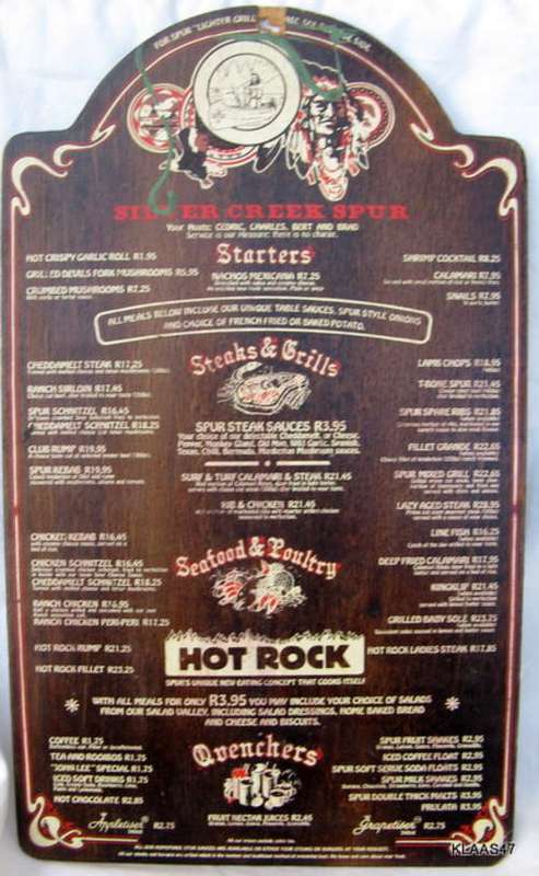 SILVER CREEK SPUR : MENU - PLYWOOD - UNDATED : (BURGERS R7.95 - STEAKS R21.45)!!